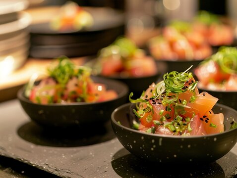Gourmet seafood tasting event with samplings from tuna tartare to Pacific saury skewers