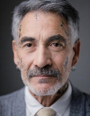 A portrait of an older man with a grey moustache and face tattoos - 757296601