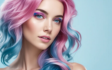 A woman with pink, blue, and purple hair is smiling. She has blue eyes and pink lips