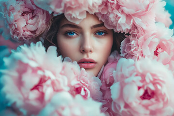 Woman with blue eyes is partially hidden behind cloud of pink flowers. - obrazy, fototapety, plakaty