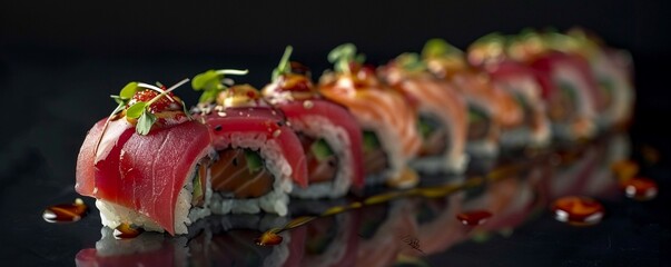 Innovative sushi roll with a fusion of tuna and salmon wrapped in a picturesque setting