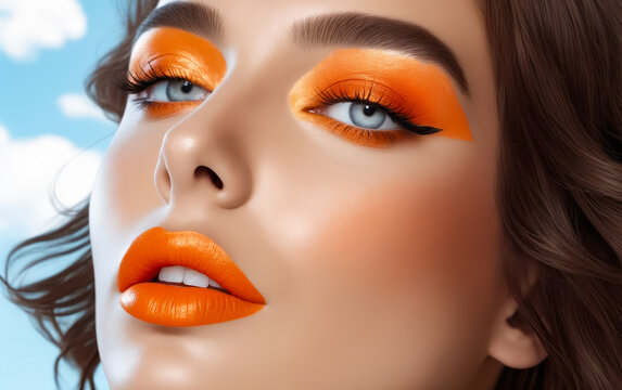 A woman with orange makeup on her face. She has blue eyes and a smile. The image has a bright and cheerful mood