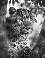 A striking black and white image of a leopard in a tree