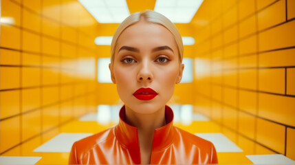 A woman in a red jacket stands in front of a yellow wall. She is wearing red lipstick and has her hair pulled back. The image has a bold and confident mood, with the woman's outfit