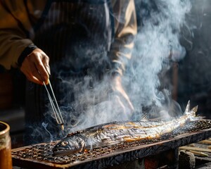 Pacific saury smoking over an open fire