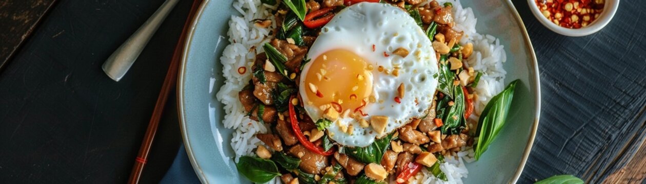 Pad Krapow Moo spicy basil pork stir-fry with a fried egg on top