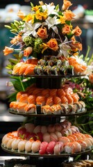 Spectacular sushi display with a towering arrangement of seafood varieties