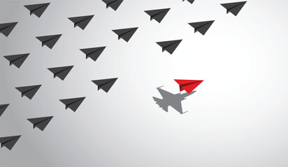 A red paper airplane with a fighter jet shadow changes course from a group of other paper airplanes, a concept of different business and social behaviors. Vector illustration.