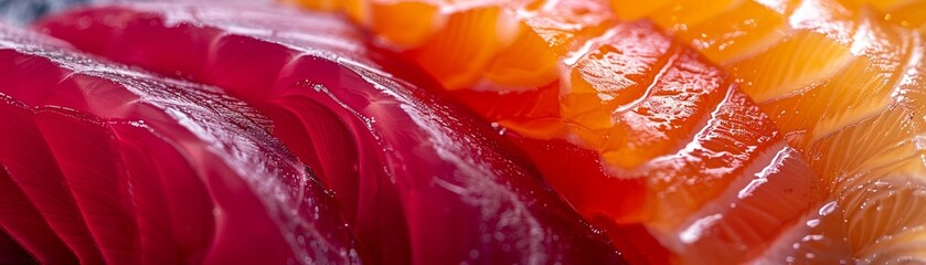 A detailed macro shot of tuna and salmon textures highlighting the delicate marbling and freshness