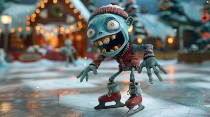 3D cartoon animation of a zombie ice skating in an indoor rink, escaping the outdoor heat with fun - obrazy, fototapety, plakaty