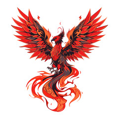 Fototapeta premium Majestic fire Phoenix bird character design. Modern vector illustration, mythological creature. To print t-shirts, stickers, clip art, mascots. Isolated on white background.