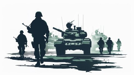 simple vector icon of soldiers an tanks, white background, concept: war, copy space, 16:9