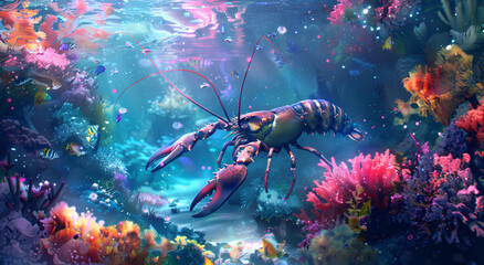 lobsters and beautiful underwater coral reefs - obrazy, fototapety, plakaty