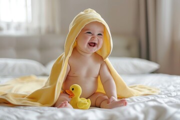Happy laughing baby wearing yellow hooded duck towel sitting on bed after shower.