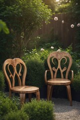 Romantic Corner in the Green Garden: Wooden Heart-shaped Chairs
