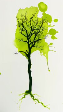 A tree silhouette detailed down to the branches, using green watercolor paint in a design that flows from the roots to the branches.
