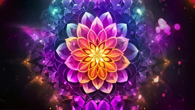 Colorful flower mandala with star center, sacred geometry symbol in cosmic background, psychedelic trance art to open third eye with visuals energy chakra, vibrant neon colors