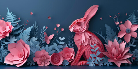 Obraz na płótnie Canvas 3d illustration of easter background with cute rabbit and paper flowers