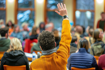 person with hand up to talk at local town hall meeting, from back view