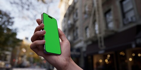 Hand holding a smartphone with a green screen on an urban city street background - 757298805