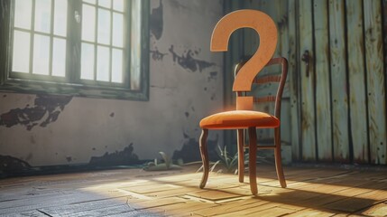 chair next to a 3D question mark, copy space, 16:9