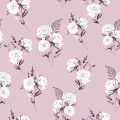 Watercolor flowers pattern, white tropical elements, pink leaves, pink background, seamless