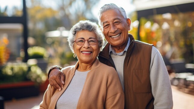 Closeup portrait, retired couple in casual shirt and dress holding each other smiling,enjoying life together, outside green trees background.