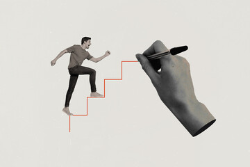 Creative collage picture of black white colors arm hold pen draw stairs support astonished mini guy...