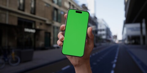 Hand holding a smartphone with a green screen on an urban city street background - 757299078