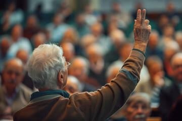 senior man with hand up to talk at local town hall meeting, from back view