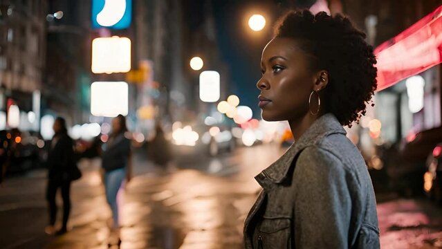 Medium side view in profile of an African American woman standing alone on an evening city street