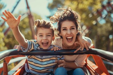 Fototapeta na wymiar Happy mother and son riding a rollercoaster at an amusement park.
