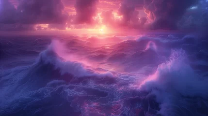 Poster 3d illustration of dramatic sky and storm an sea sunset. © Porames