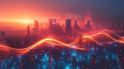 cinematic photography of city with sound colored waves in the technology future. - obrazy, fototapety, plakaty