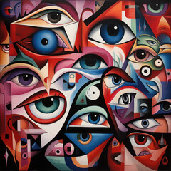 Cubist tapestry of myriad eyes and hues