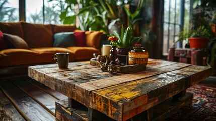 the artistic flair of a coffee table made from repurposed materials, showcasing its eco-friendly design in a sustainable living space - obrazy, fototapety, plakaty