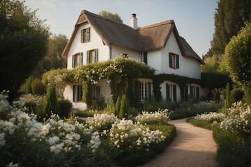 Fototapeta na wymiar Cozy White House in a Green Blooming Garden.
