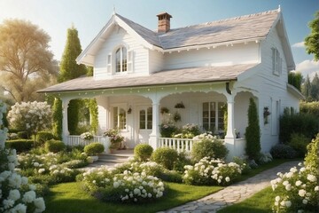 Cozy White House in a Green Blooming Garden. - obrazy, fototapety, plakaty