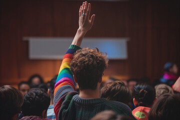 gay person wearing rainbow sweater with hand up to talk from back view