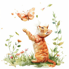 watercolor illustration clipart of a mischievous cartoon cat chasing a fluttering butterfly through a whimsical garden