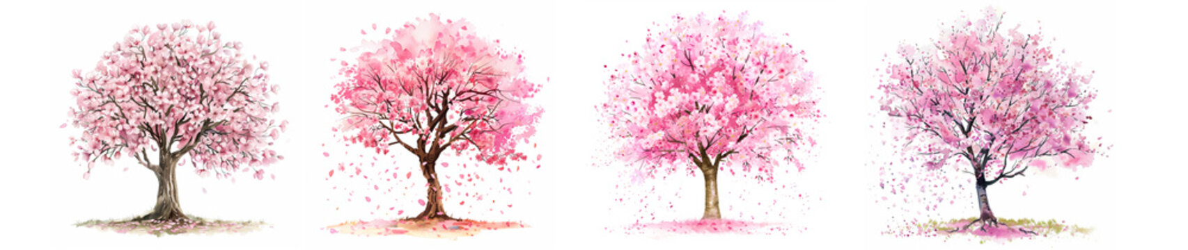 watercolor illustration clipart of a whimsical cherry blossom tree in full bloom with delicate pink petals fluttering in the spring breeze.