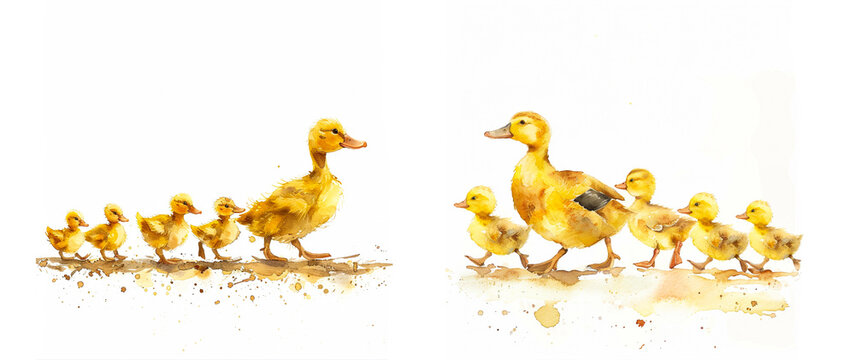 watercolor illustration clipart of a group of ducklings following their mother in a line with soft downy feathers and bright beady eyes.