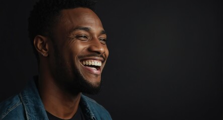 Portrait of attractive handsome black african model guy optimistic happy laughing on plain bright black background from Generative AI - obrazy, fototapety, plakaty