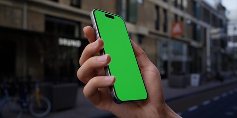 Hand holding a smartphone with a green screen on an urban city street background - 757300078