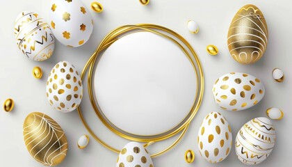 Happy easter lettering background with 3d realistic golden glitter decorated eggs. Happy Easter greeting card with golden striped eggs and ring decoration on white background