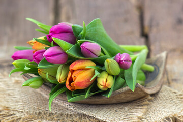 colorful tulips on wooden background - close up - 757300419
