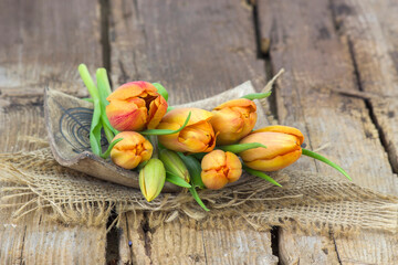 yellow tulips on wooden background - close up - 757300466