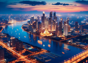 Obraz premium City skyline at night, with a large illuminated and a river sparkling below