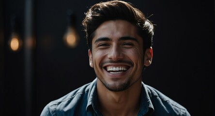 Portrait of attractive handsome jhispanic guy optimistic happy laughing on plain bright black background from Generative AI - obrazy, fototapety, plakaty