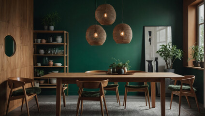 A stylish composition of a wooden dining table and chairs against a green wall, reflecting the aesthetic of Scandinavian and mid-century home interiors.